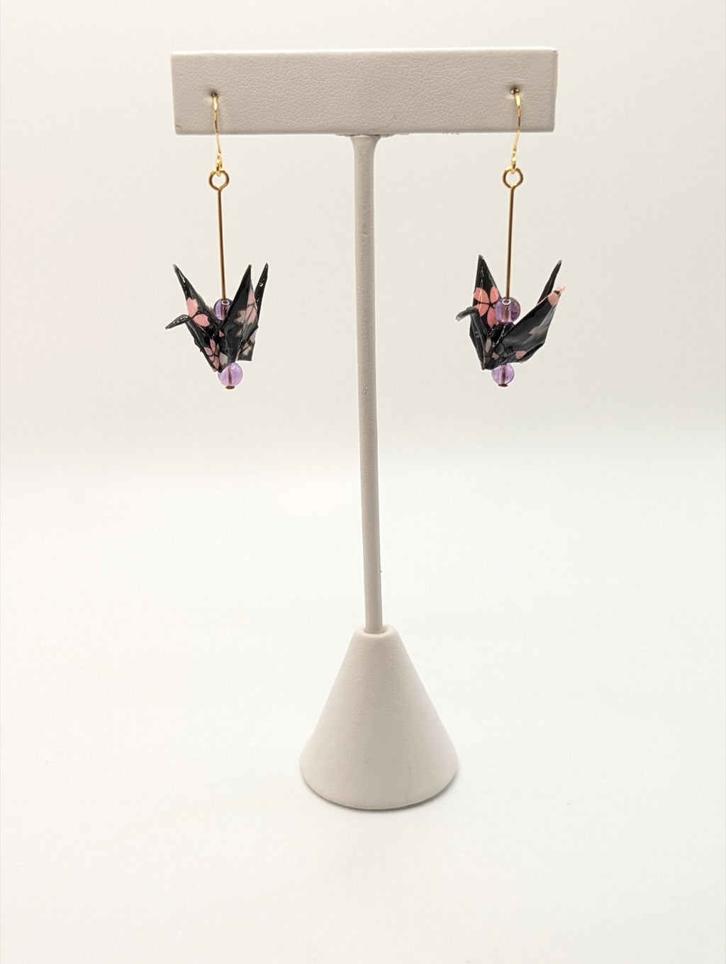 Black Blossom, Amethyst Origami Crane Earrings
