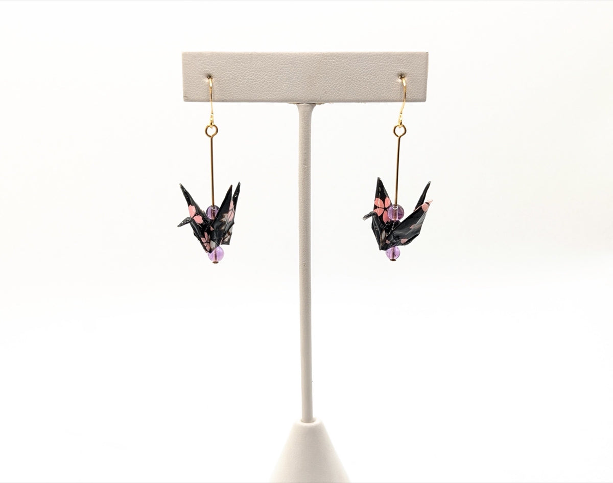 Black Blossom, Amethyst Origami Crane Earrings