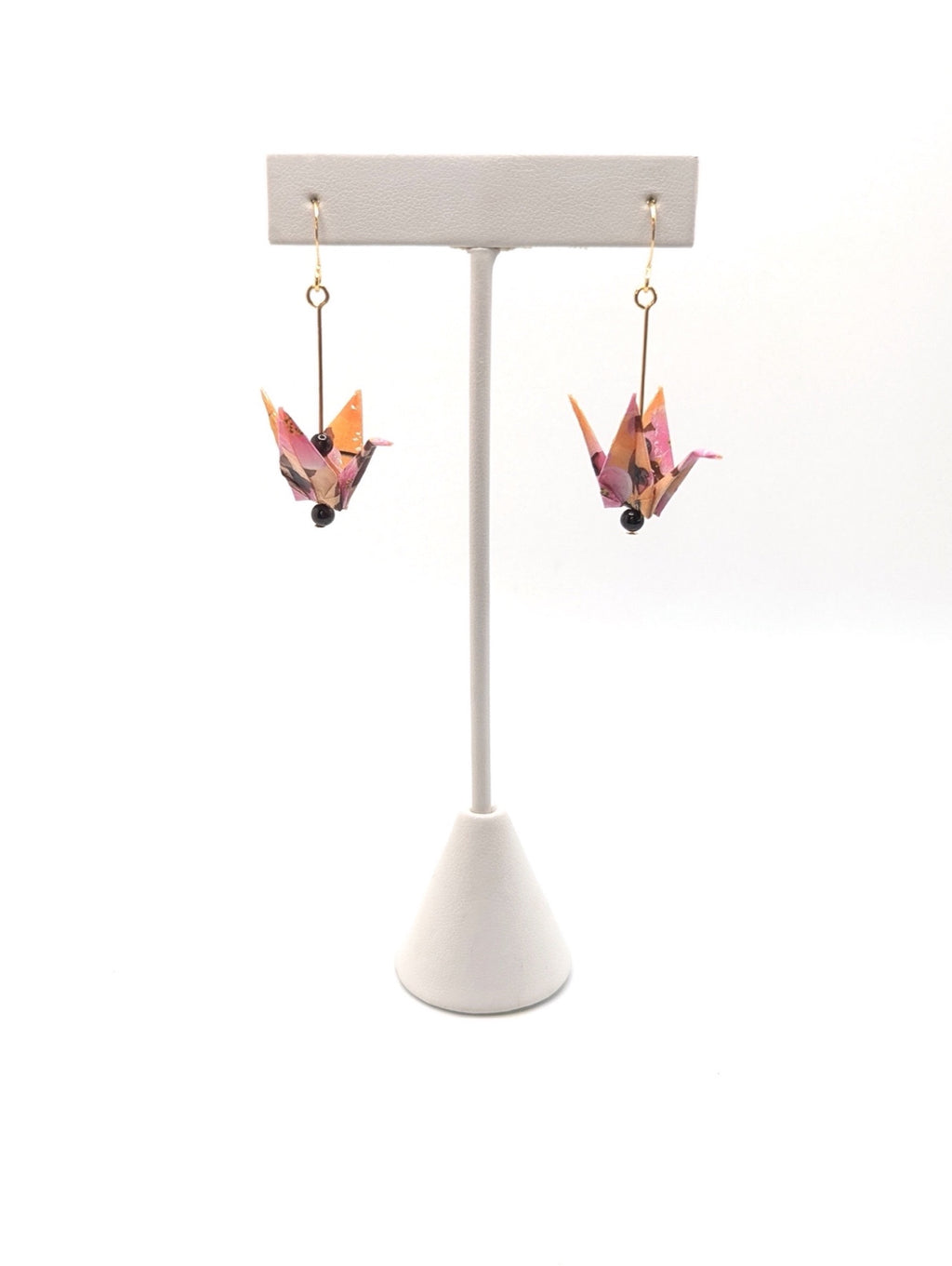 Golden Floral, Garnet Origami Crane Earrings