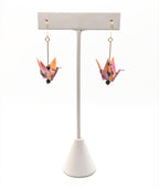Golden Floral, Garnet Origami Crane Earrings