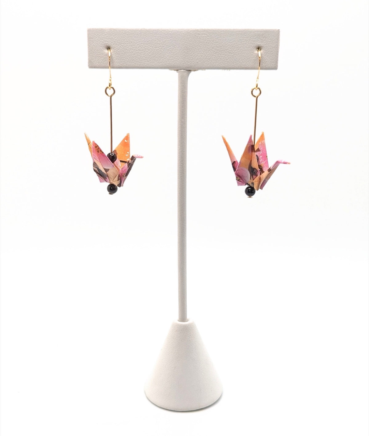 Golden Floral, Garnet Origami Crane Earrings