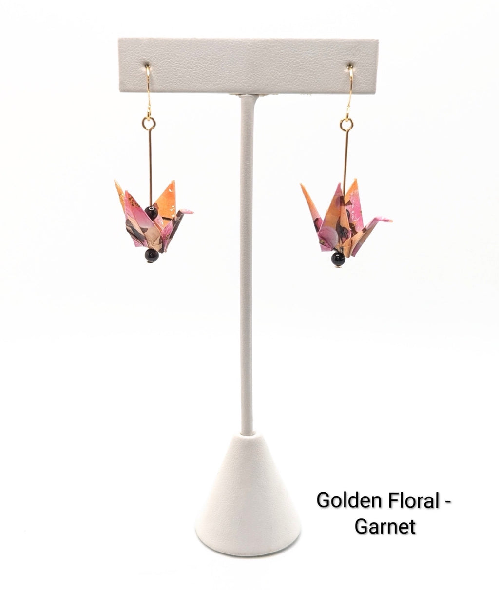 Golden Floral, Garnet Origami Crane Earrings