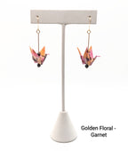 Golden Floral, Garnet Origami Crane Earrings