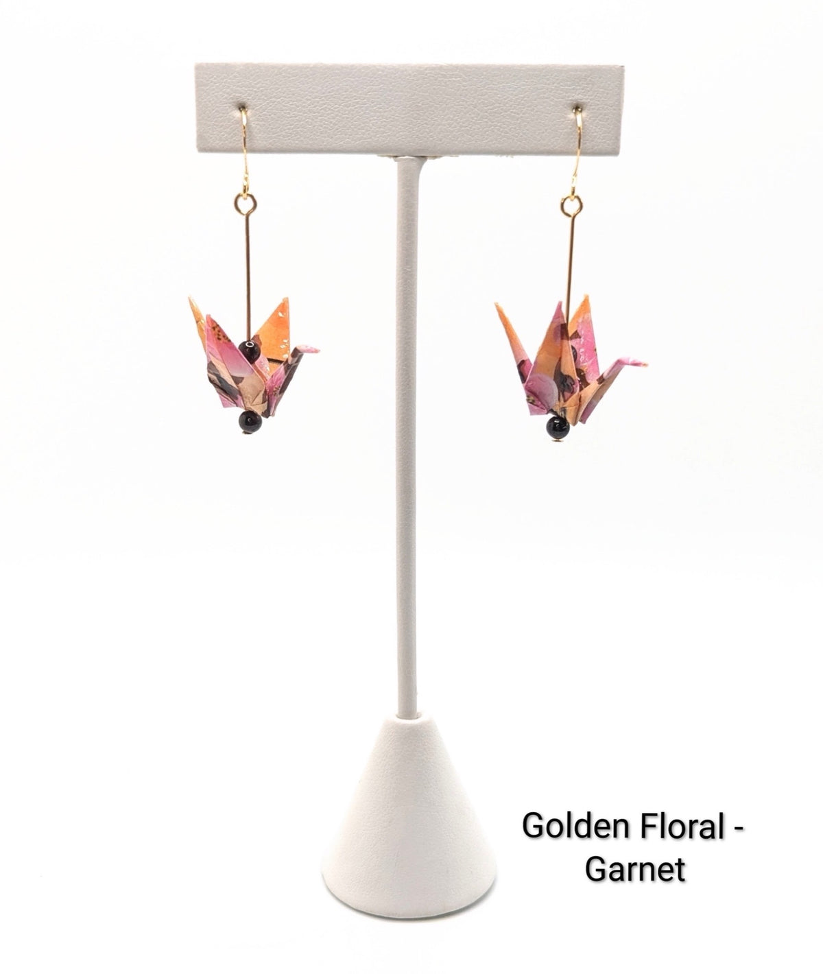 Golden Floral, Garnet Origami Crane Earrings
