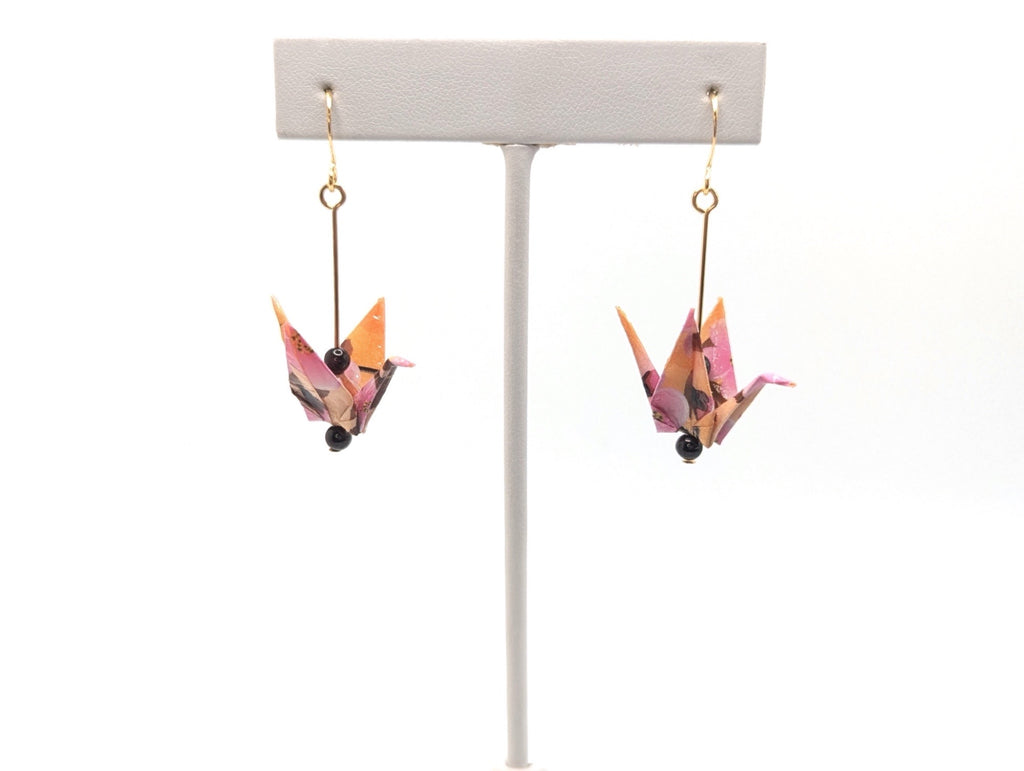 Golden Floral, Garnet Origami Crane Earrings