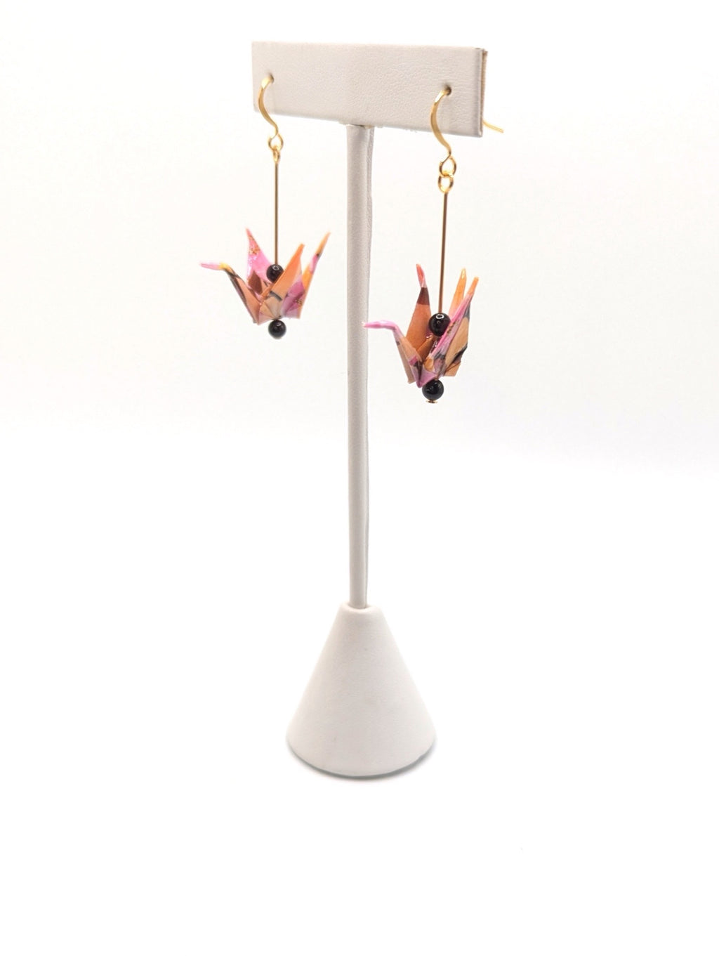 Golden Floral, Garnet Origami Crane Earrings