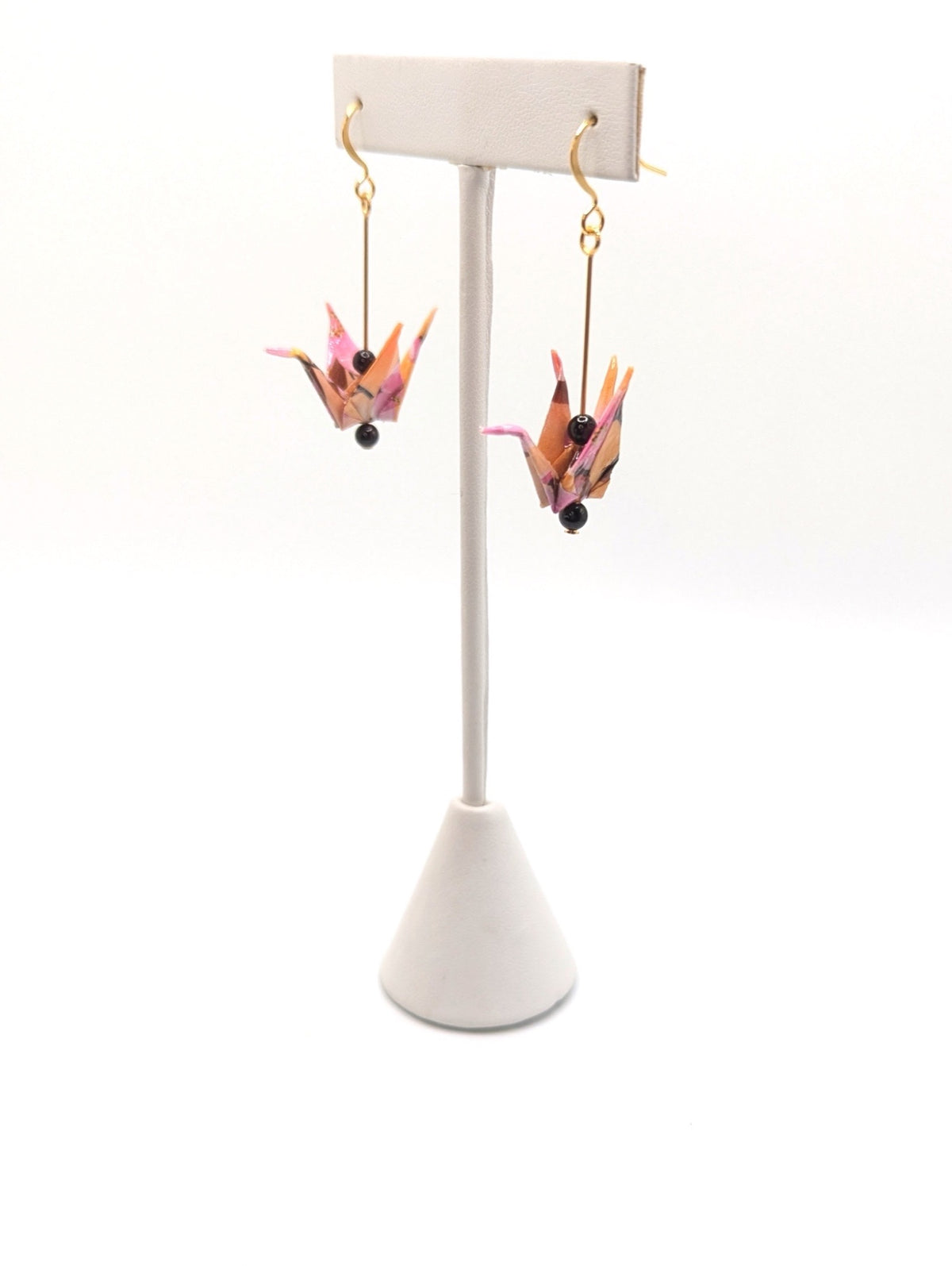 Golden Floral, Garnet Origami Crane Earrings