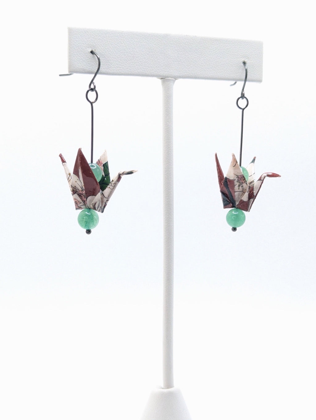 Burgundy Floral, Green Aventurine Origami Crane Earrings