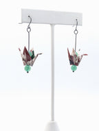 Burgundy Floral, Green Aventurine Origami Crane Earrings