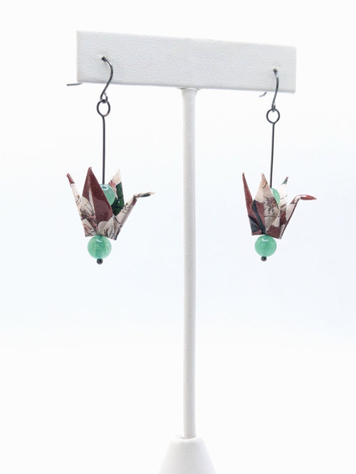 Burgundy Floral, Green Aventurine Origami Crane Earrings
