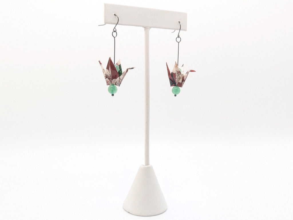 Burgundy Floral, Green Aventurine Origami Crane Earrings