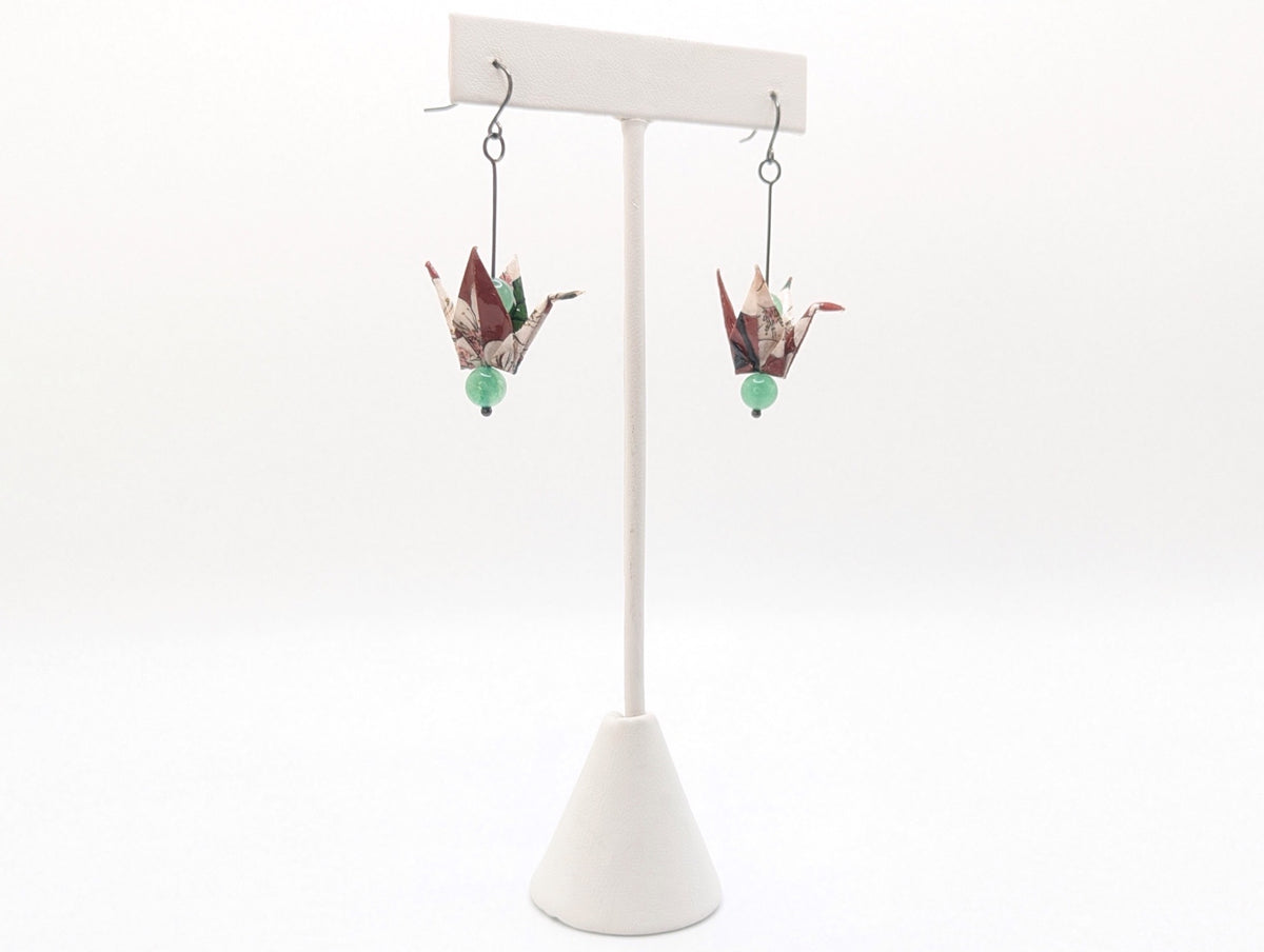 Burgundy Floral, Green Aventurine Origami Crane Earrings