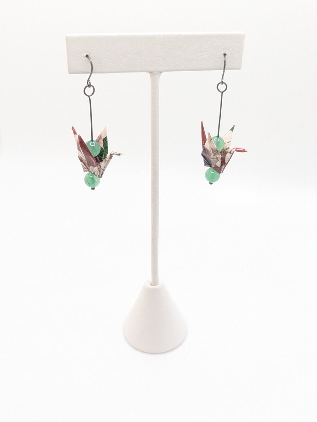 Burgundy Floral, Green Aventurine Origami Crane Earrings