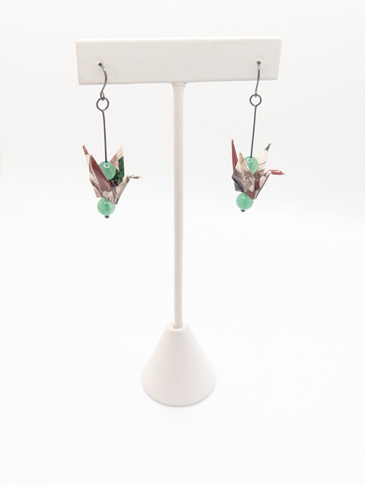 Burgundy Floral, Green Aventurine Origami Crane Earrings