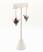 Burgundy Floral, Green Aventurine Origami Crane Earrings
