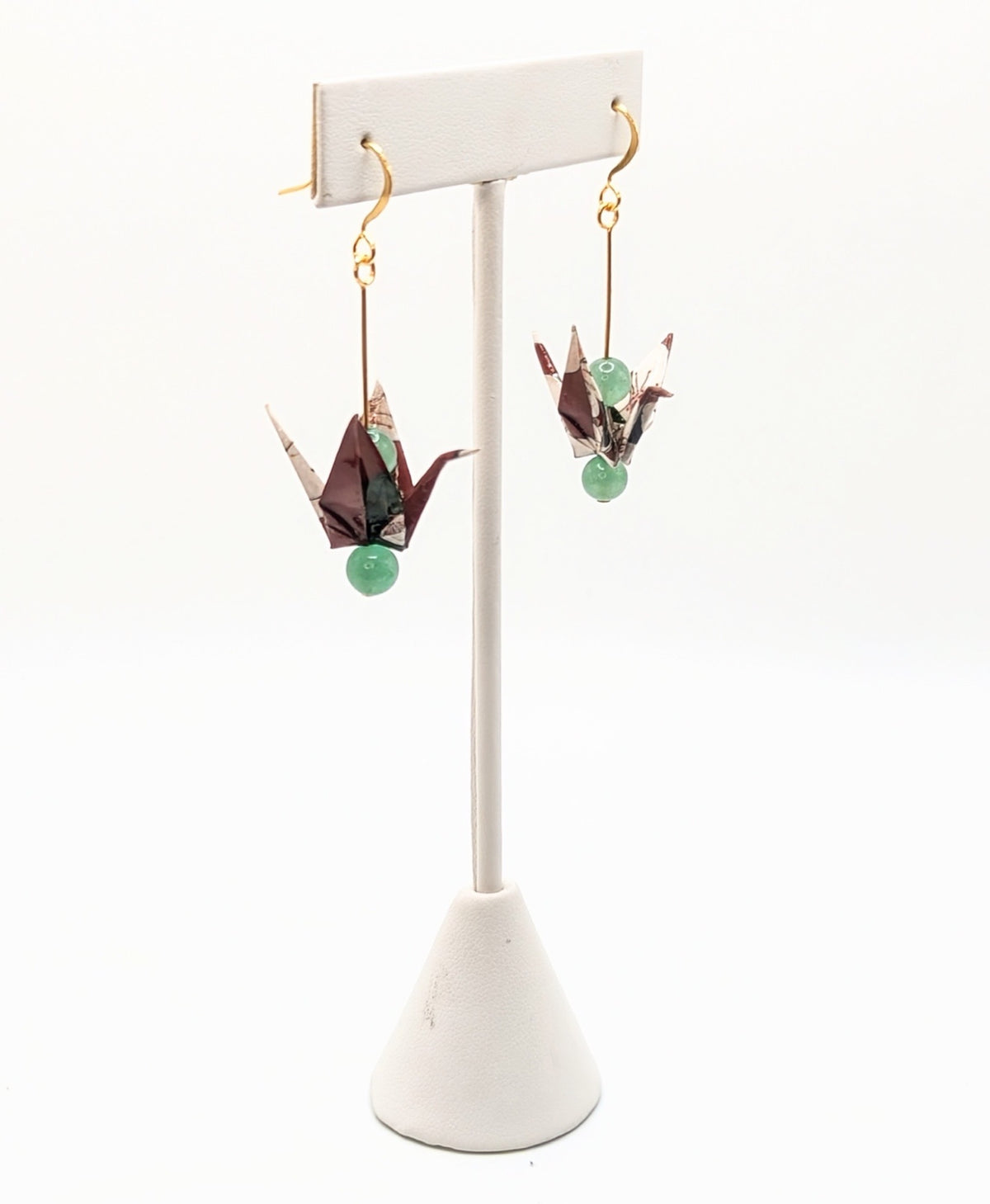 Burgundy Floral, Green Aventurine Origami Crane Earrings