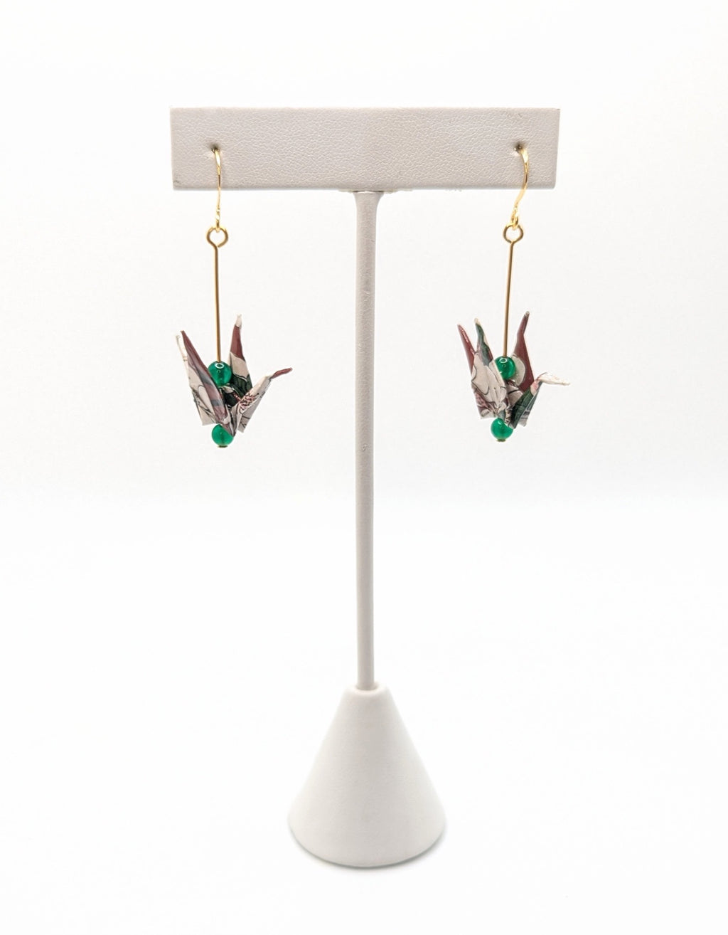 Burgundy Floral, Green Onyx Origami Crane Earrings