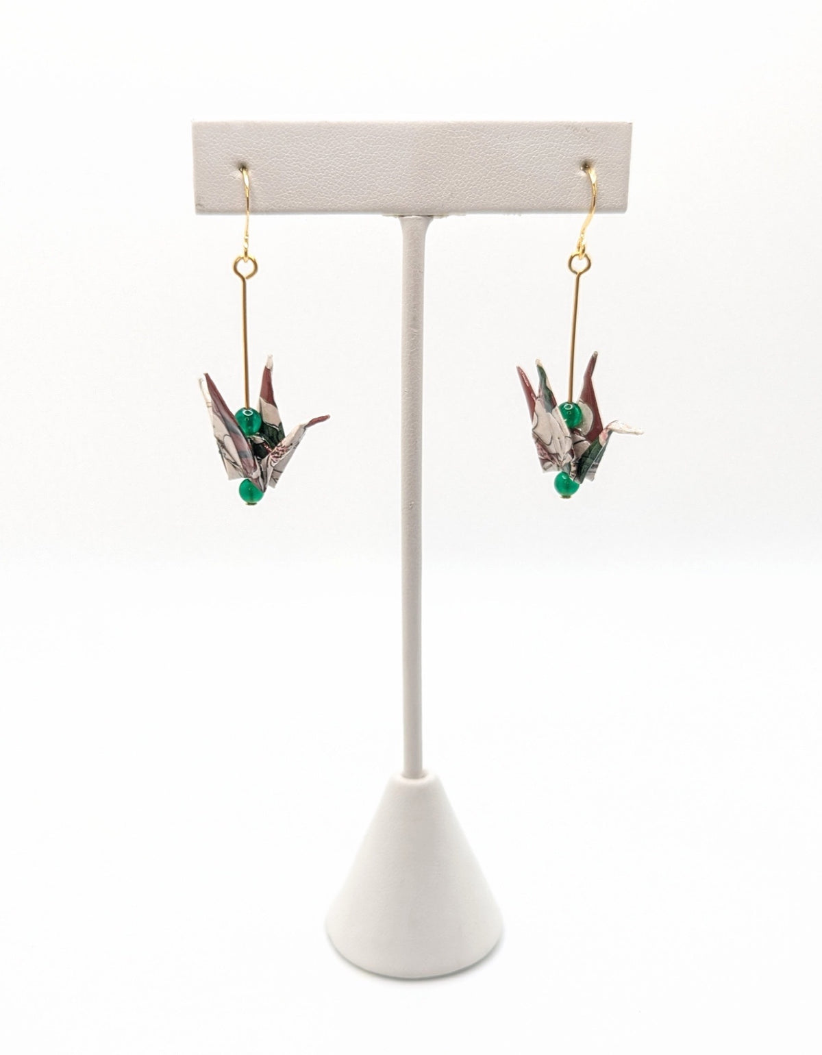 Burgundy Floral, Green Onyx Origami Crane Earrings