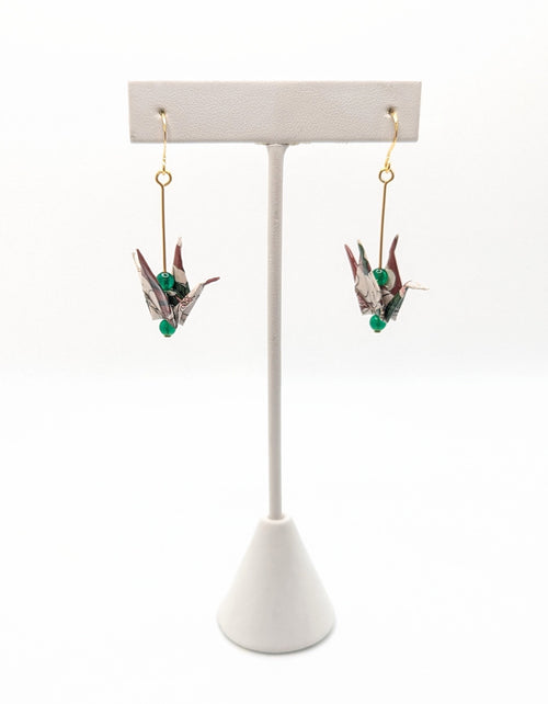 Burgundy Floral, Green Onyx Origami Crane Earrings