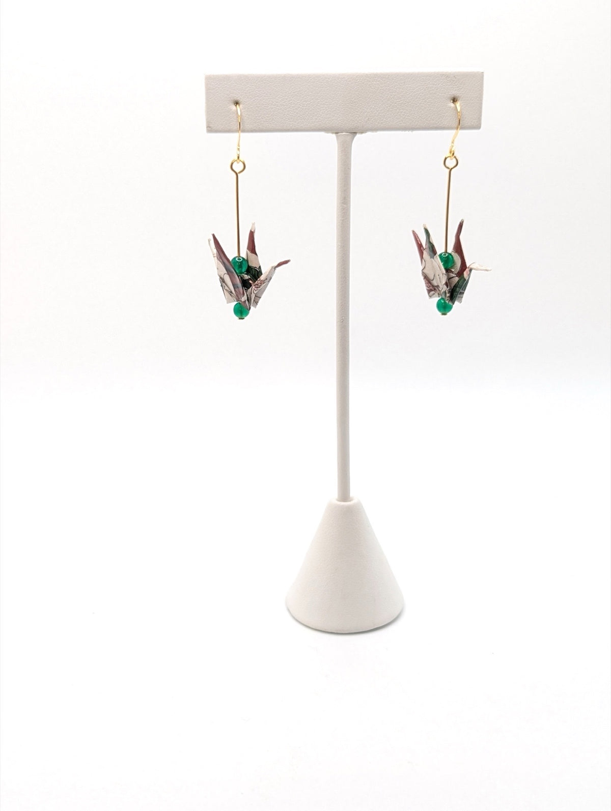 Burgundy Floral, Green Onyx Origami Crane Earrings