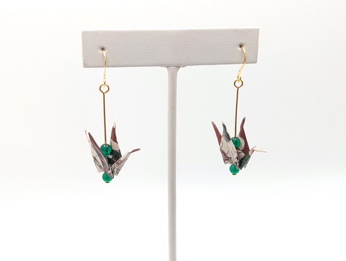 Burgundy Floral, Green Onyx Origami Crane Earrings