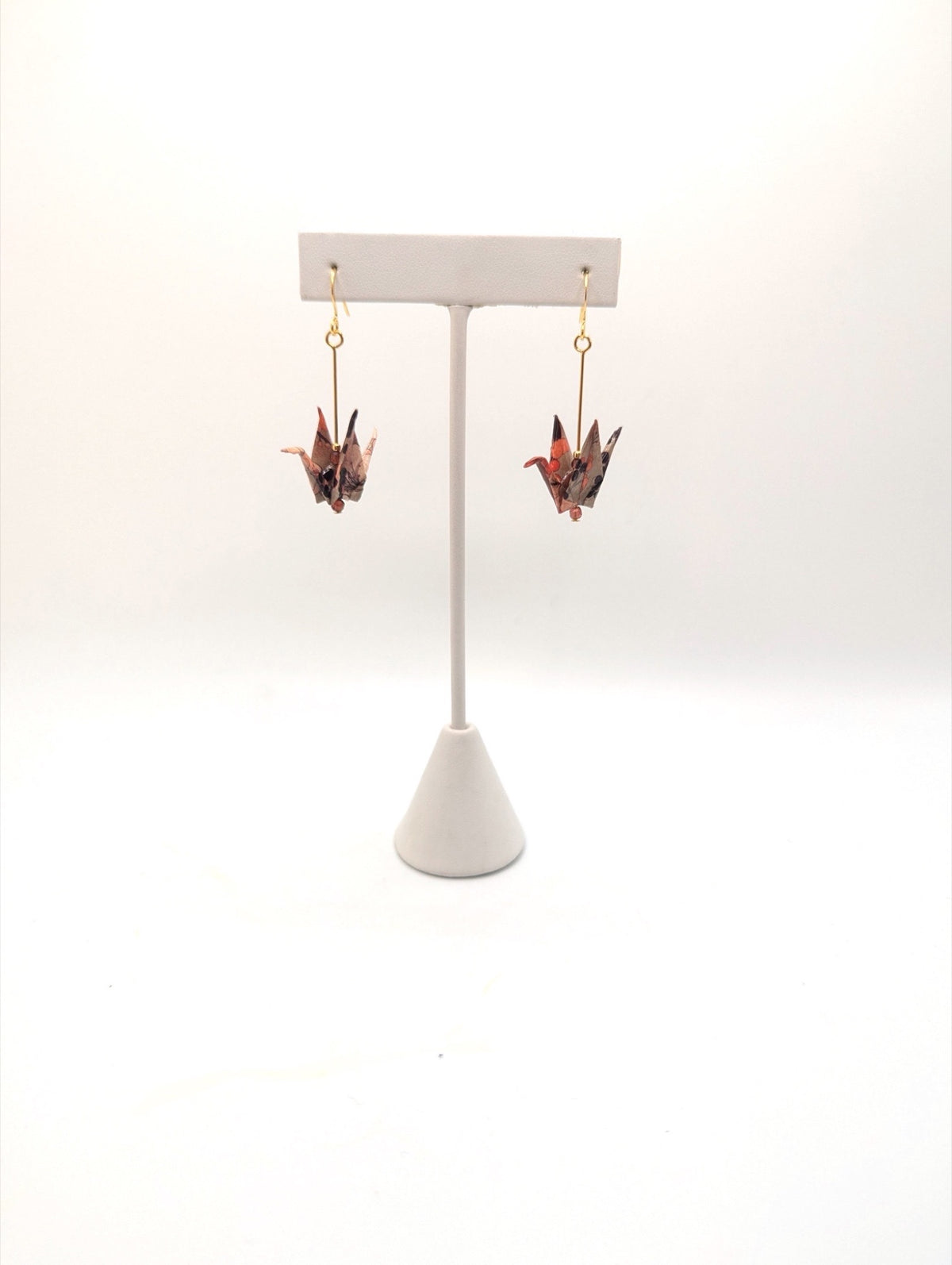 Beige Floral, Hessonite Garnet Origami Crane Earrings