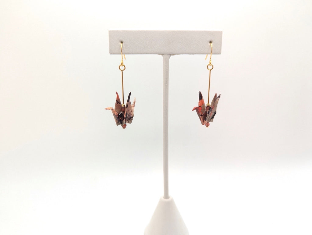 Beige Floral, Hessonite Garnet Origami Crane Earrings