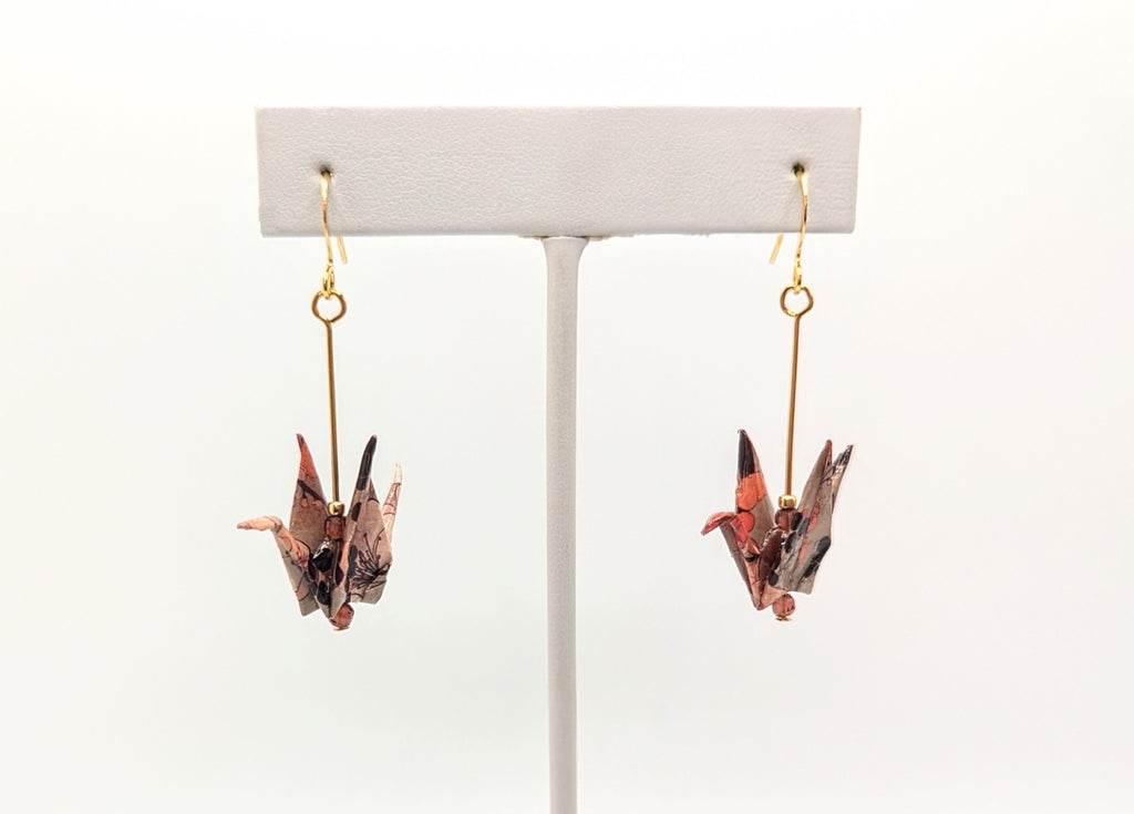 Beige Floral, Hessonite Garnet Origami Crane Earrings
