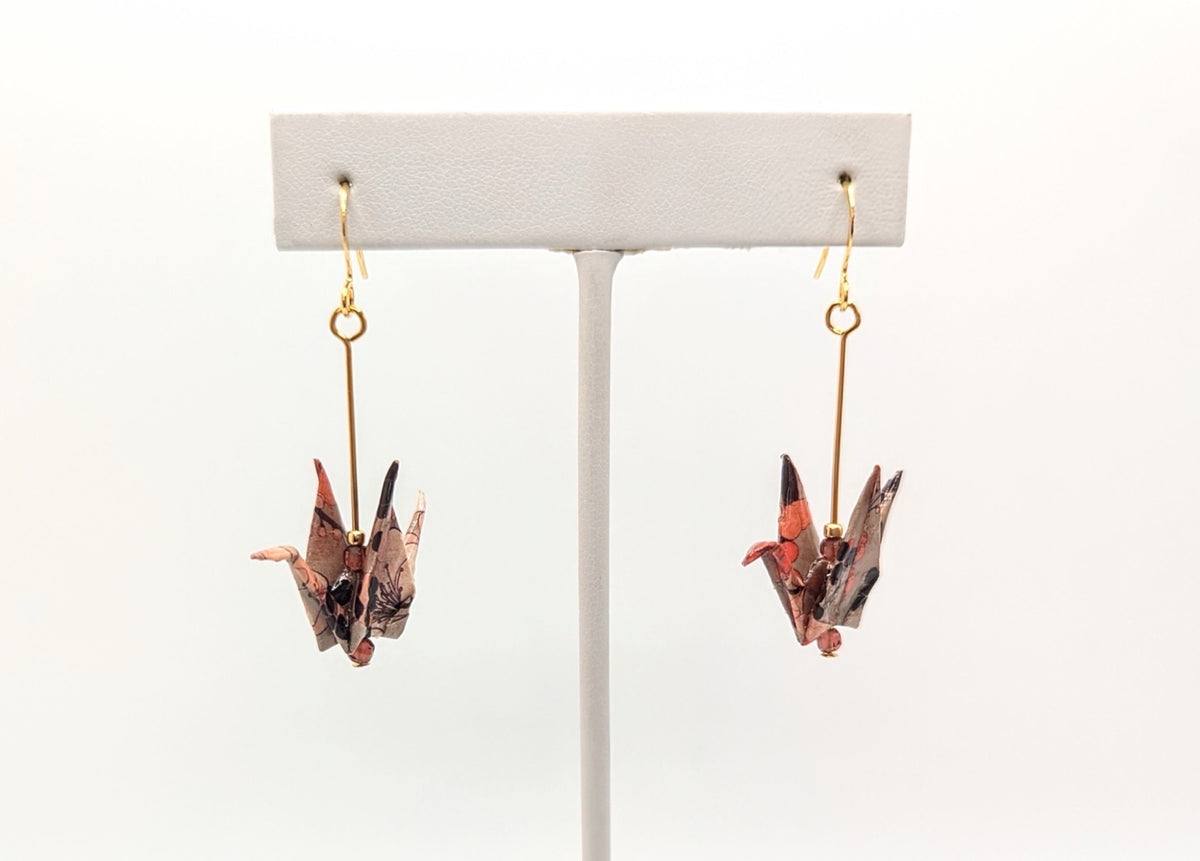 Beige Floral, Hessonite Garnet Origami Crane Earrings