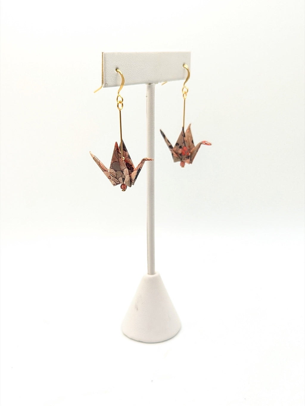 Beige Floral, Hessonite Garnet Origami Crane Earrings