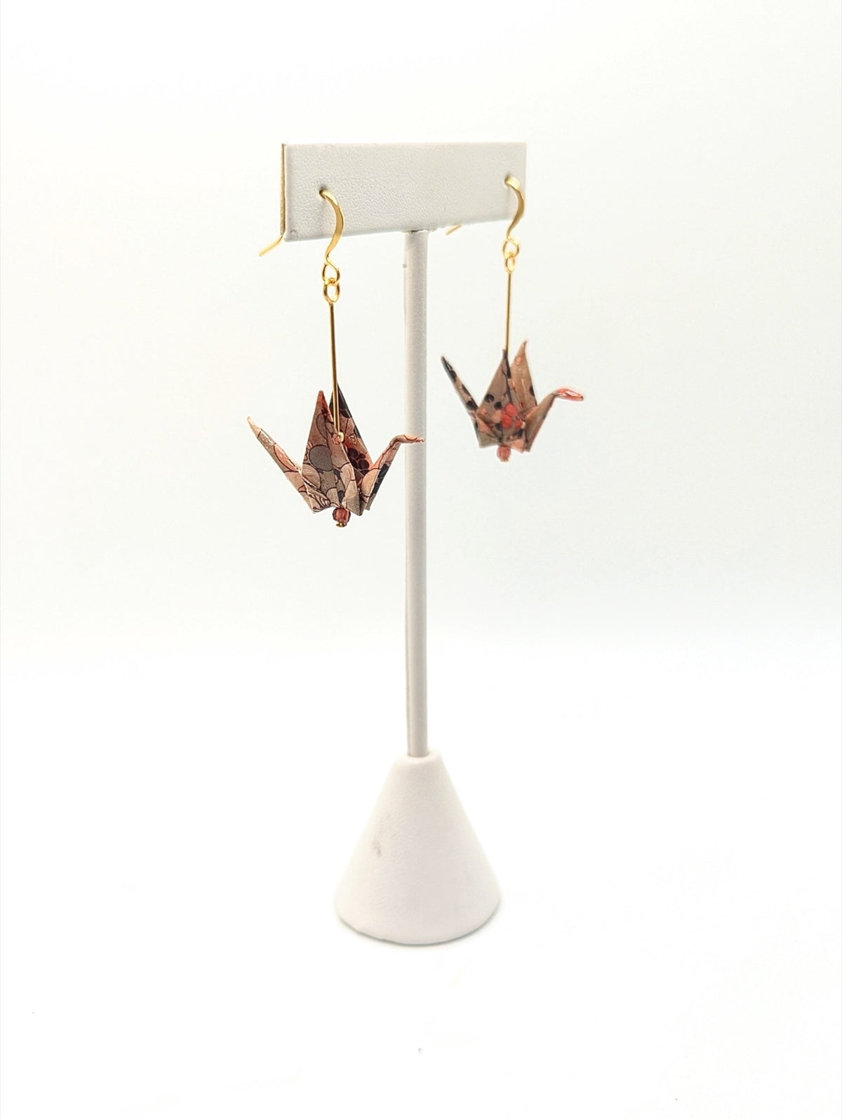Beige Floral, Hessonite Garnet Origami Crane Earrings