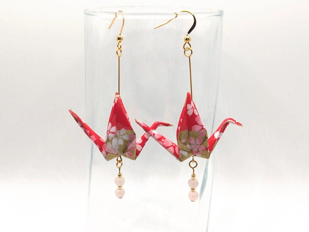 Red and Gold Washi Paper with Blossoms, Rose Quartz - Gold Wires - Large