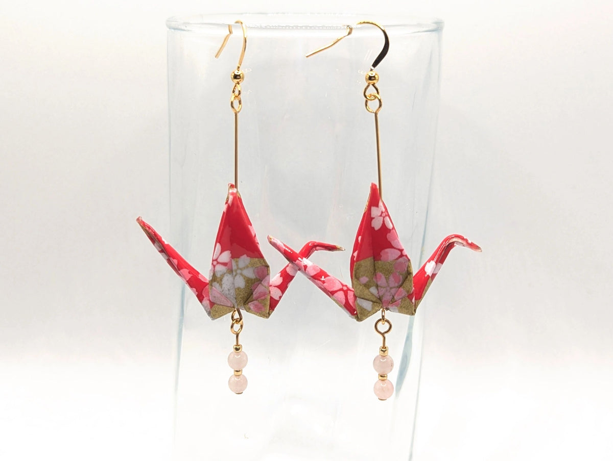 Red and Gold Washi Paper with Blossoms, Rose Quartz - Gold Wires - Large