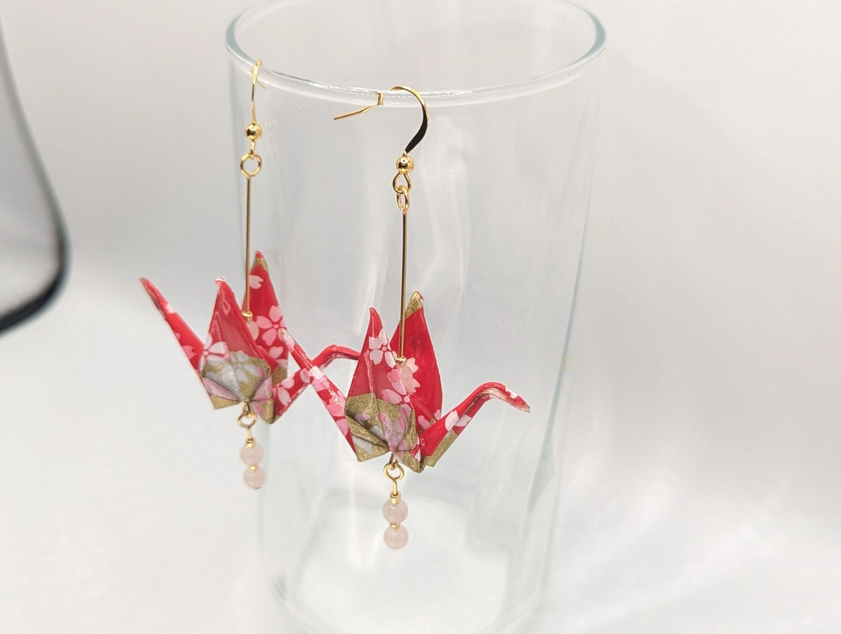 Red and Gold Washi Paper with Blossoms, Rose Quartz - Gold Wires - Large