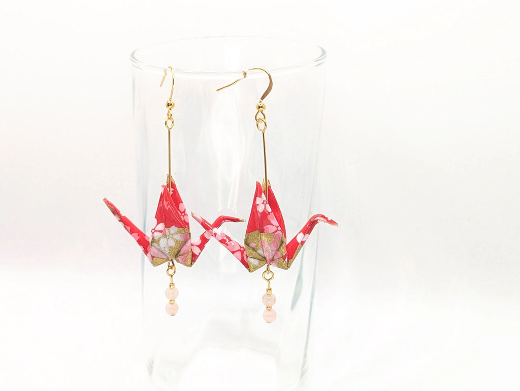Red and Gold Washi Paper with Blossoms, Rose Quartz - Gold Wires - Large