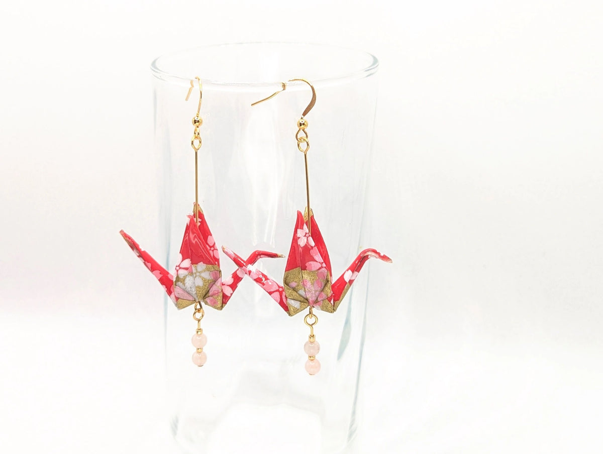 Red and Gold Washi Paper with Blossoms, Rose Quartz - Gold Wires - Large