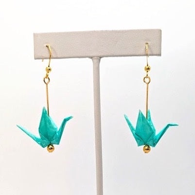 Aqua Origami Crane Earrings, close-up of the pair