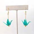 Aqua Origami Crane Earrings, close-up of the pair