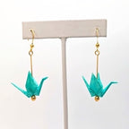 Aqua Origami Crane Earrings, close-up of the pair