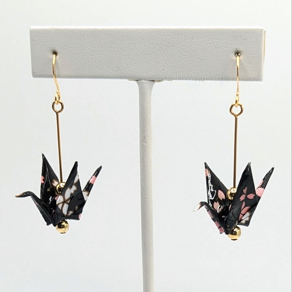 Black Blossom Origami Crane Earrings, close-up of the pair