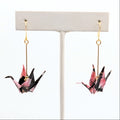 Black and Pink Floral Origami Crane Earrings, close-up of the pair