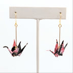 Black and Pink Floral Origami Crane Earrings, close-up of the pair