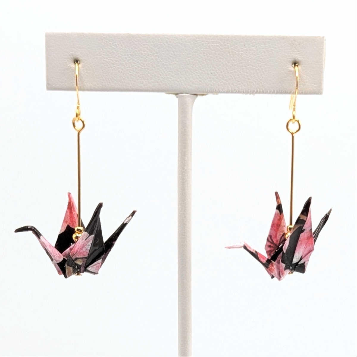 Black and Pink Floral Origami Crane Earrings, close-up of the pair