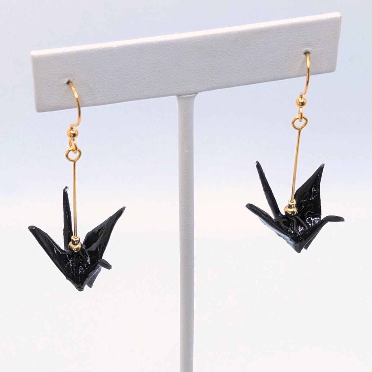 Black Origami Crane Earrings, close-up of the pair