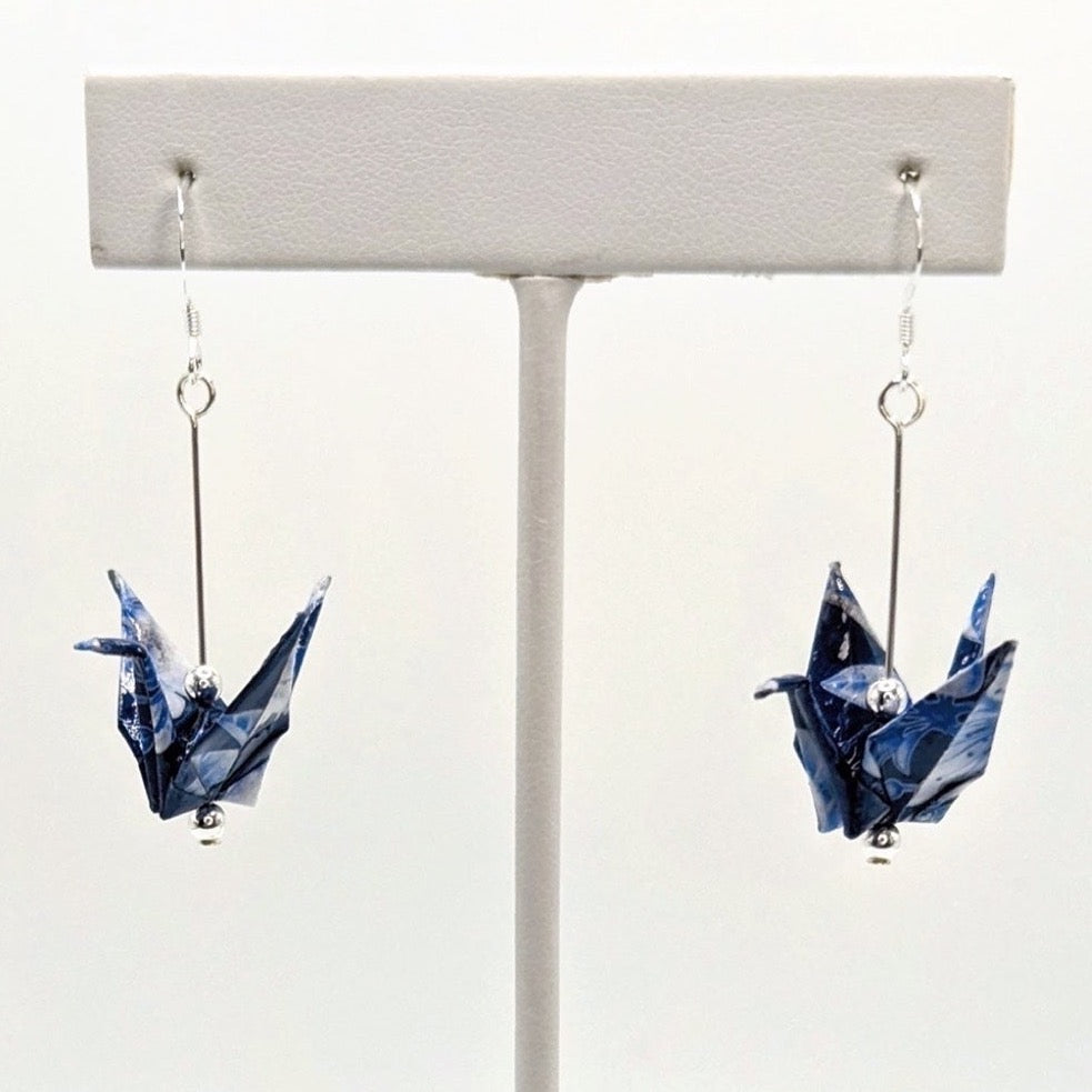 Blue Floral origami crane earrings in sterling silver, close-up
