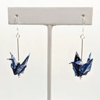 Blue Floral origami crane earrings in sterling silver, close-up