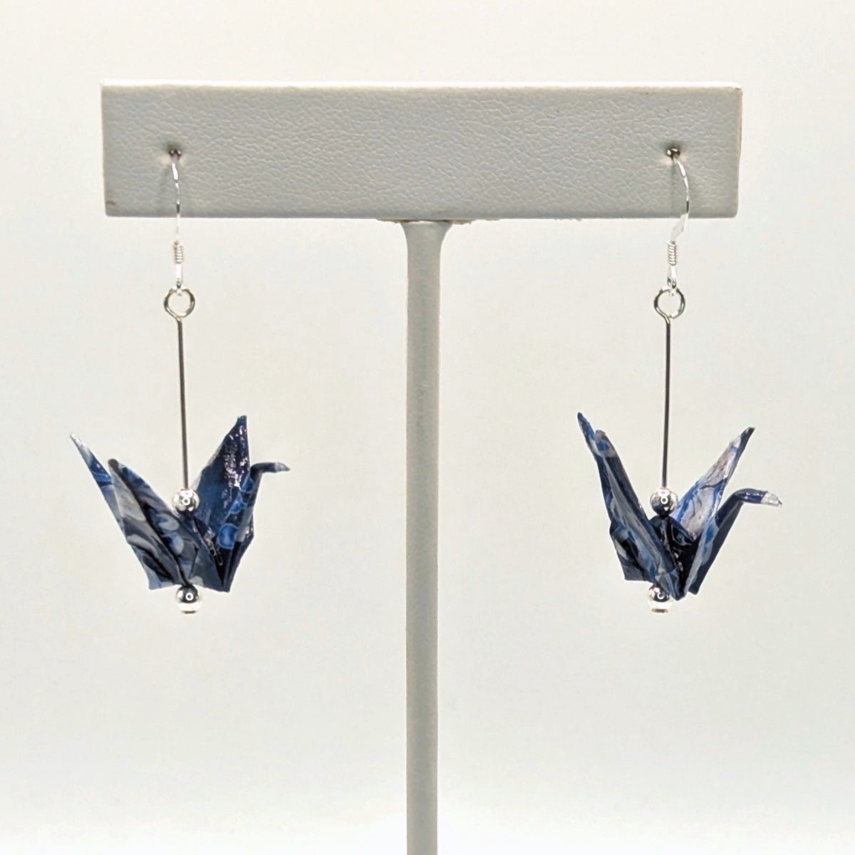 Blue Floral Origami Crane Earrings, close-up of the pair