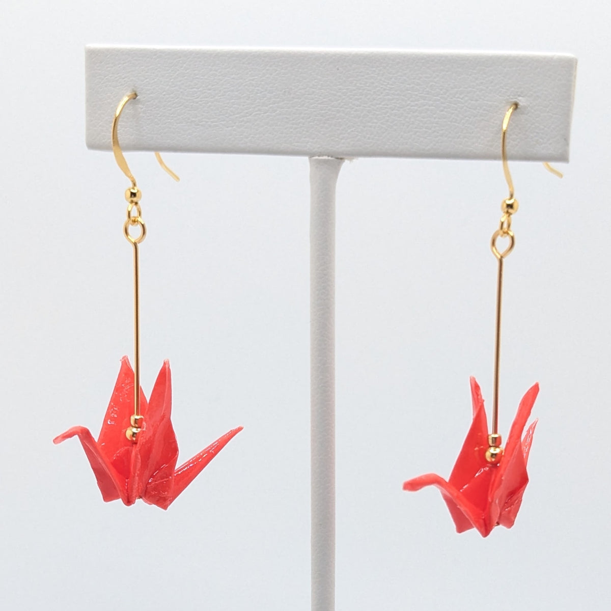 Bright Red Origami Crane Earrings, close-up of the pair