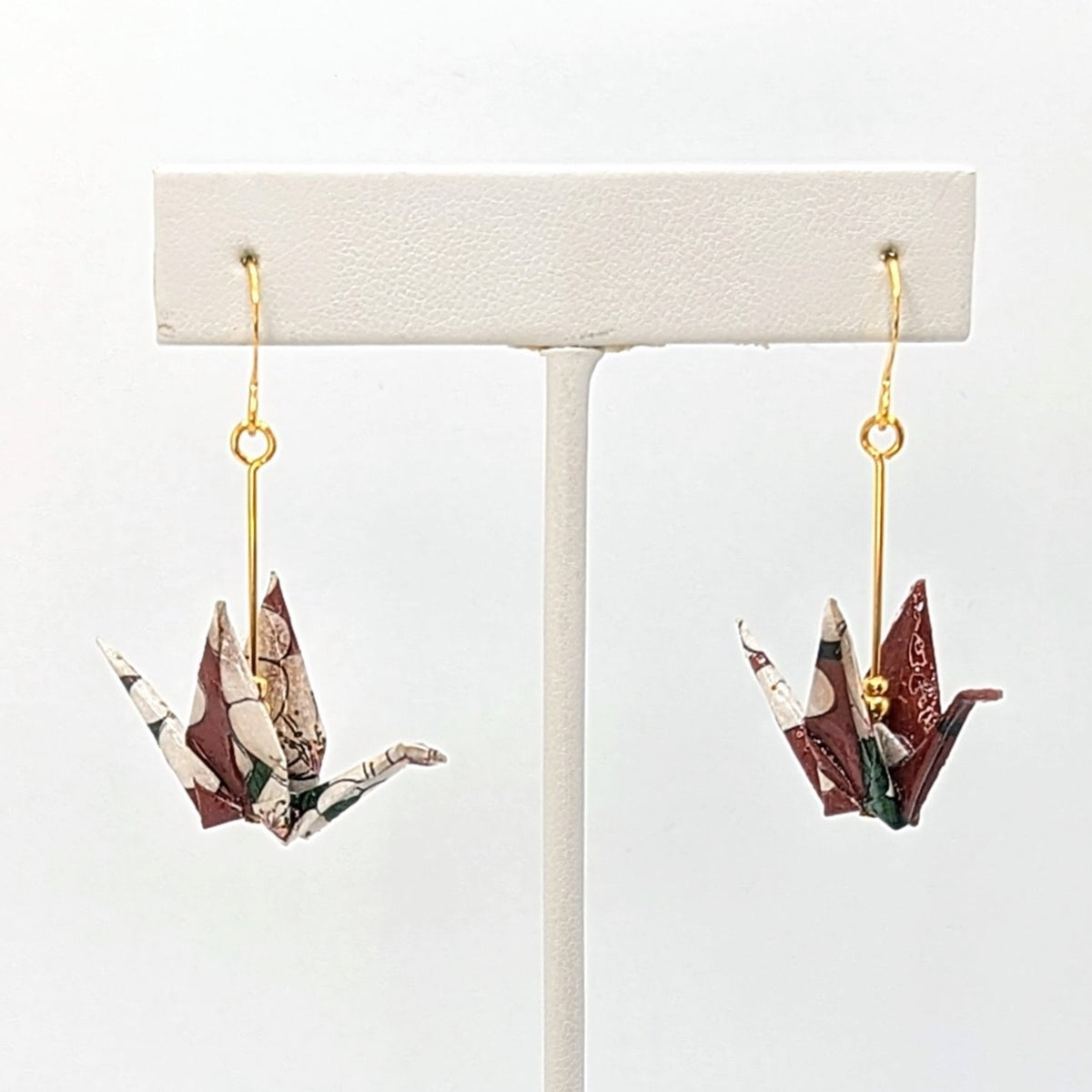 Burgundy Floral Origami Crane Earrings, close-up of the pair