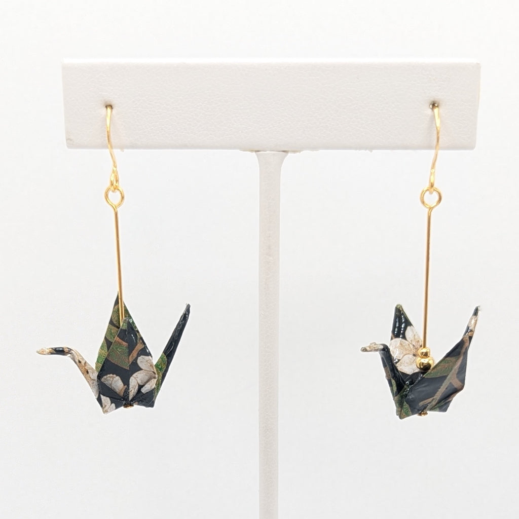 Dark Forest Origami Crane Earrings, close-up of the pair